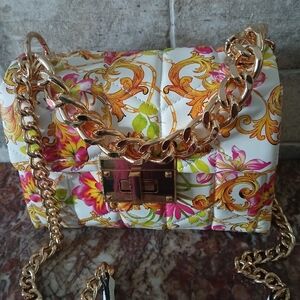 Floral Quilted Bag with Gold Chain